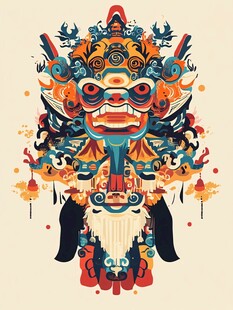 中式醒狮头插画艺术设计