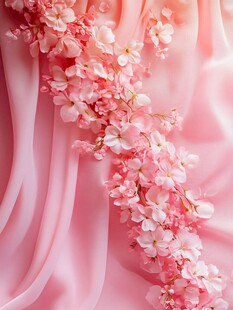 粉色绸布上的烂漫樱花