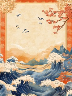 中式山水海浪飞鸟古韵图