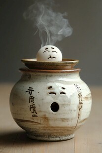 可爱表情陶瓷香炉正冒烟