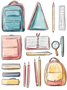 手绘多彩学习用品集合