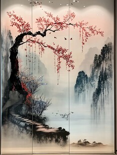 水墨山水红梅图