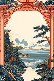 中式古典拱门山水风景图