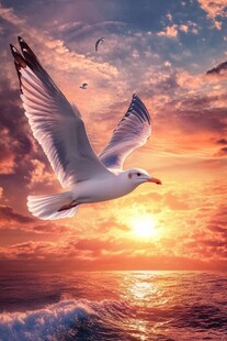 夕阳下海鸥翱翔于海面