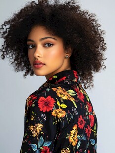 卷发女子身着花卉印花衬衫