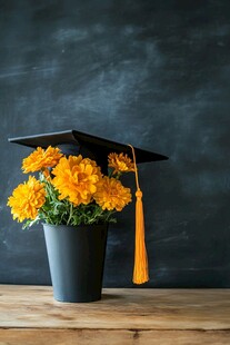 毕业帽下的灿烂黄菊