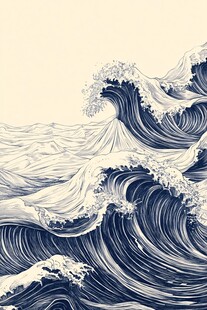 海浪汹涌的经典浮世绘风格
