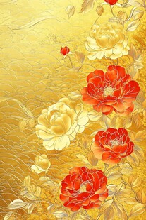 金色背景上的绚丽牡丹花卉