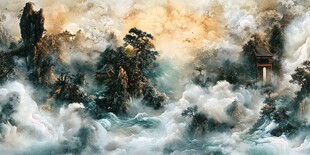 水墨云海间的奇幻山水景