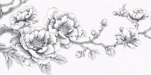 牡丹花卉线描装饰图案