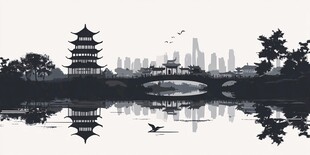 水墨城市风光与古典建筑