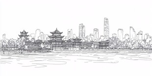 水墨风古今交融城市景致