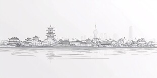 水墨风城市古建筑线描图