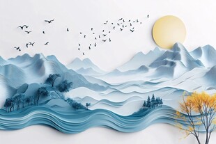 水墨风山水飞鸟剪纸意境图