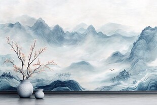 中式山水背景墙与花瓶