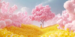 梦幻粉色花海中的浪漫身影