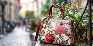 复古花卉手提包置于街巷