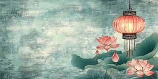 古风荷韵灯笼雅致背景图