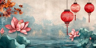 中式荷塘灯笼古风美景