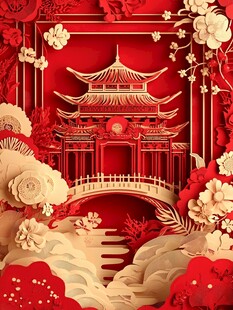 中式纸雕古风建筑美景图