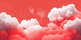 梦幻红白云海间烟花绽放