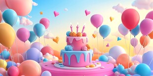 梦幻生日蛋糕与缤纷气球