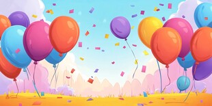 彩色气球飞扬的欢乐场景