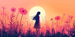 夕阳下少女漫步花海