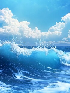 蓝色海洋浪花与白云美景