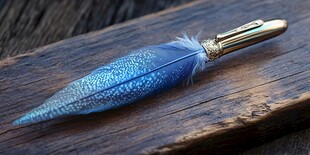 蓝色羽毛钢笔置于木桌上