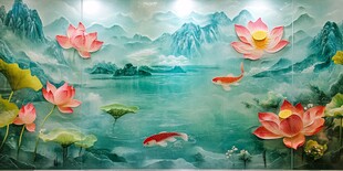 水墨荷花锦鲤山水图