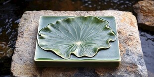 荷叶造型陶瓷盘置于石上