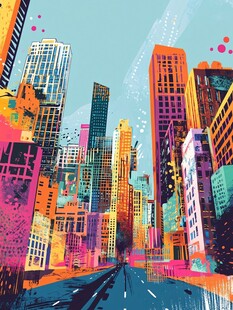 多彩都市街道建筑插画