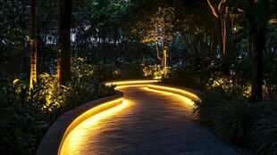 夜晚林间发光的蜿蜒小径