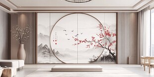 中式客厅山水梅花装饰墙