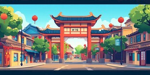 中式古街牌坊风景插画