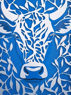 蓝白牛形剪纸艺术作品