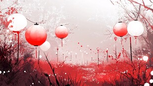 梦幻红白色调灯笼夜景图