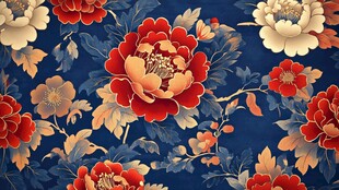 中式牡丹花卉蓝色底纹图案