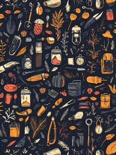 户外露营装备无缝插画图案