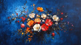 蓝色背景下的多彩花卉油画