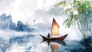 孤舟泛江景 水墨诗意浓