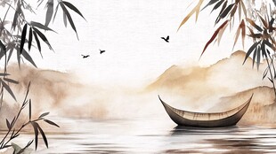 江上孤舟伴竹影飞鸟