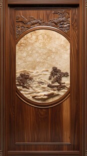 中式木雕山水图案木门