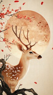 月下灵鹿赏红梅