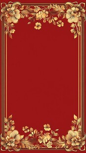 红色背景金色花卉边框图案