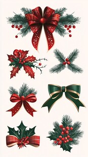 圣诞装饰蝴蝶结与冬青元素