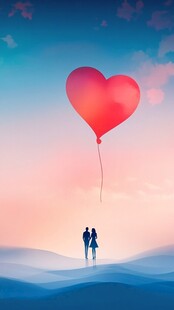 浪漫心形气球下的情侣