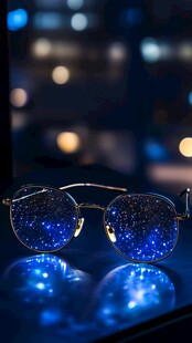 梦幻蓝星空镜片眼镜特写