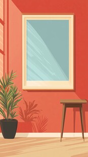 室内红墙旁的绿植与小桌